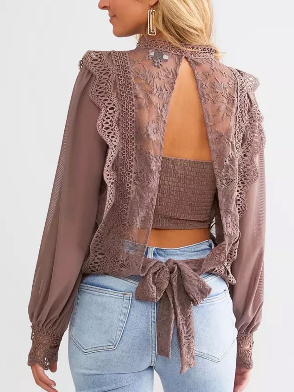 Daytrip Lace-Front High Neck Blouse - Dusty Mauve open back. Stunner 🔥🧡 - Picture 3 of 13